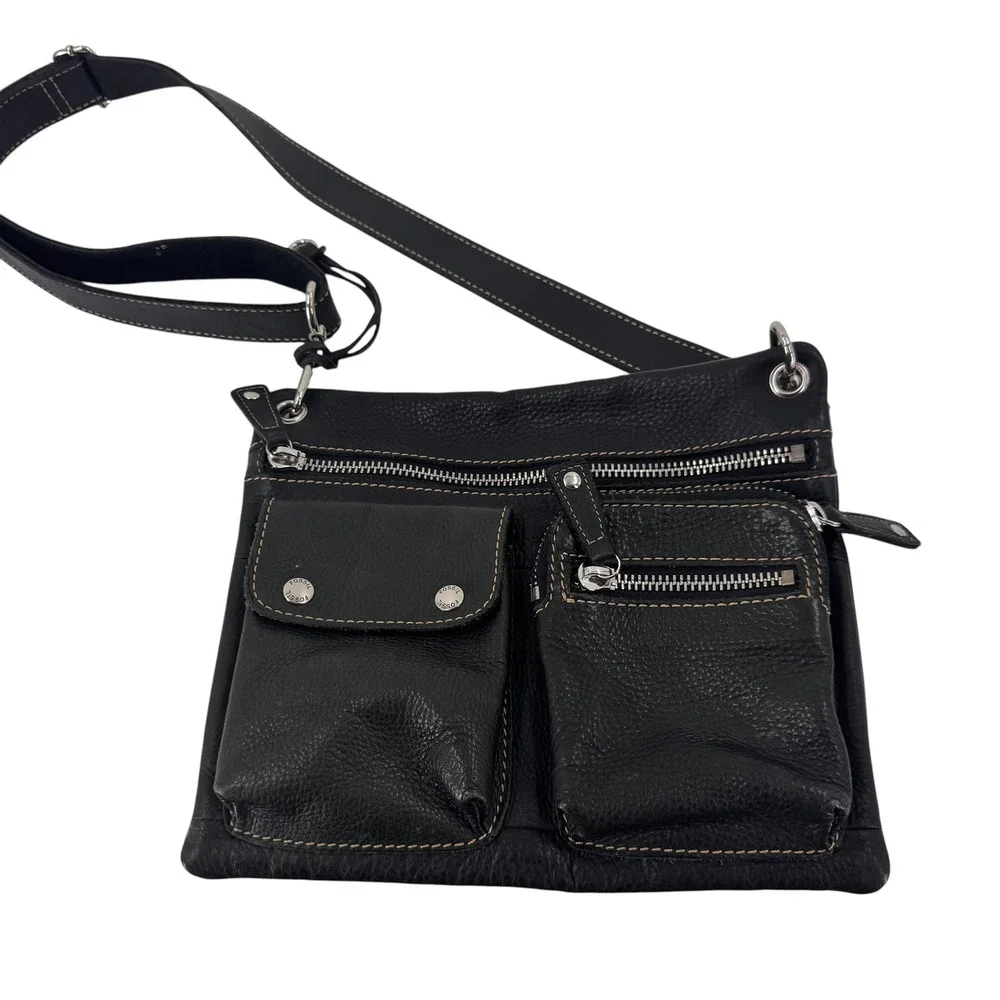 Vintage‎ Fossil Black Pebbled Leather Multi Pocket Organizer Crossbody Bag